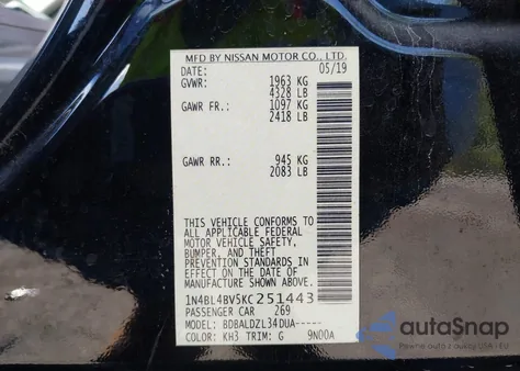 2019 Nissan Altima 2.5 S из США, поврежденный, VIN 1N4BL4BV5KC251443